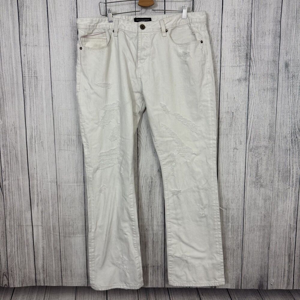 Cult of Individuality Men's 40x34 White Rebel Straight Distressed Grunge Jeans